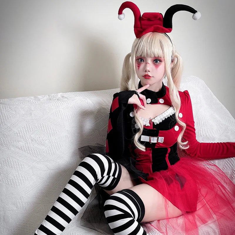 ZAWALAND Costume Clown Dress Costume Women Girls Outfits Halloween Joker Clown Headwear - 2 / 120cm (gril)