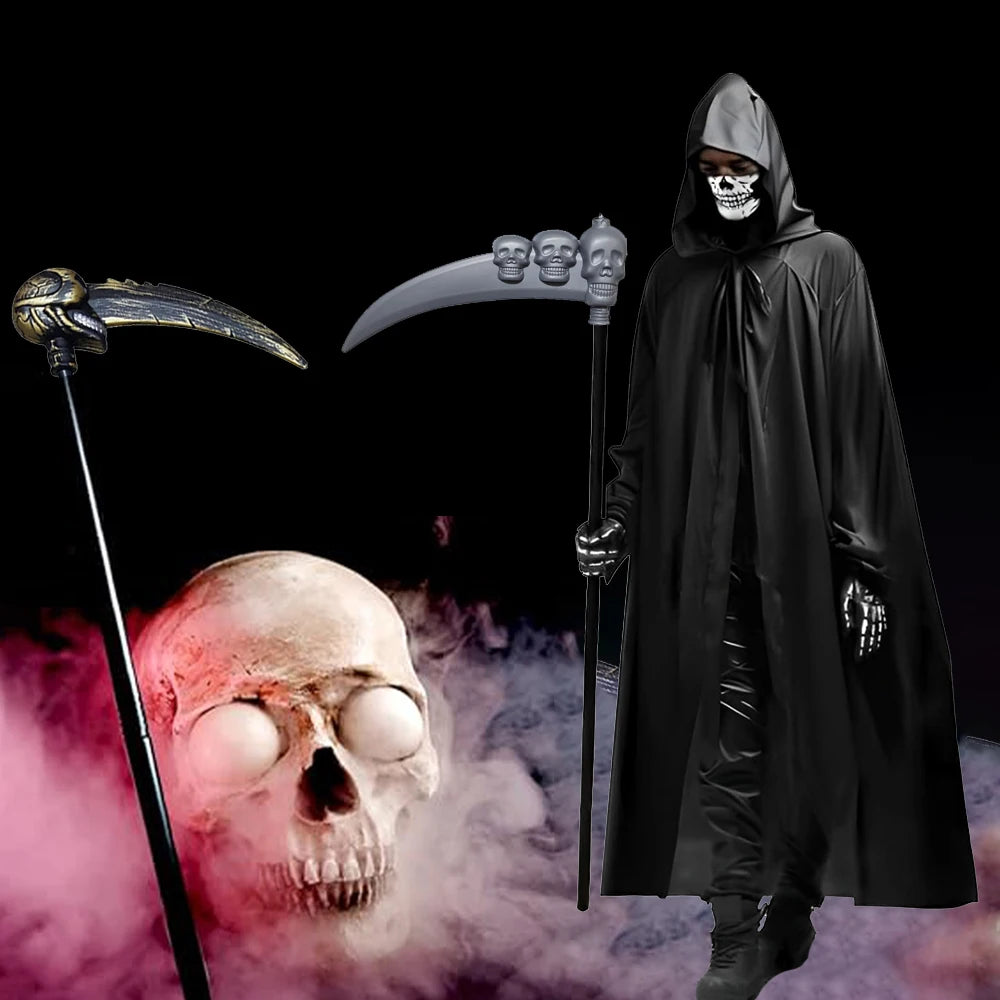 Scary Halloween Grim Reaper Costume Set Scythe Hooded Cape Skull Face Mask Gloves for Kids - S 1set
