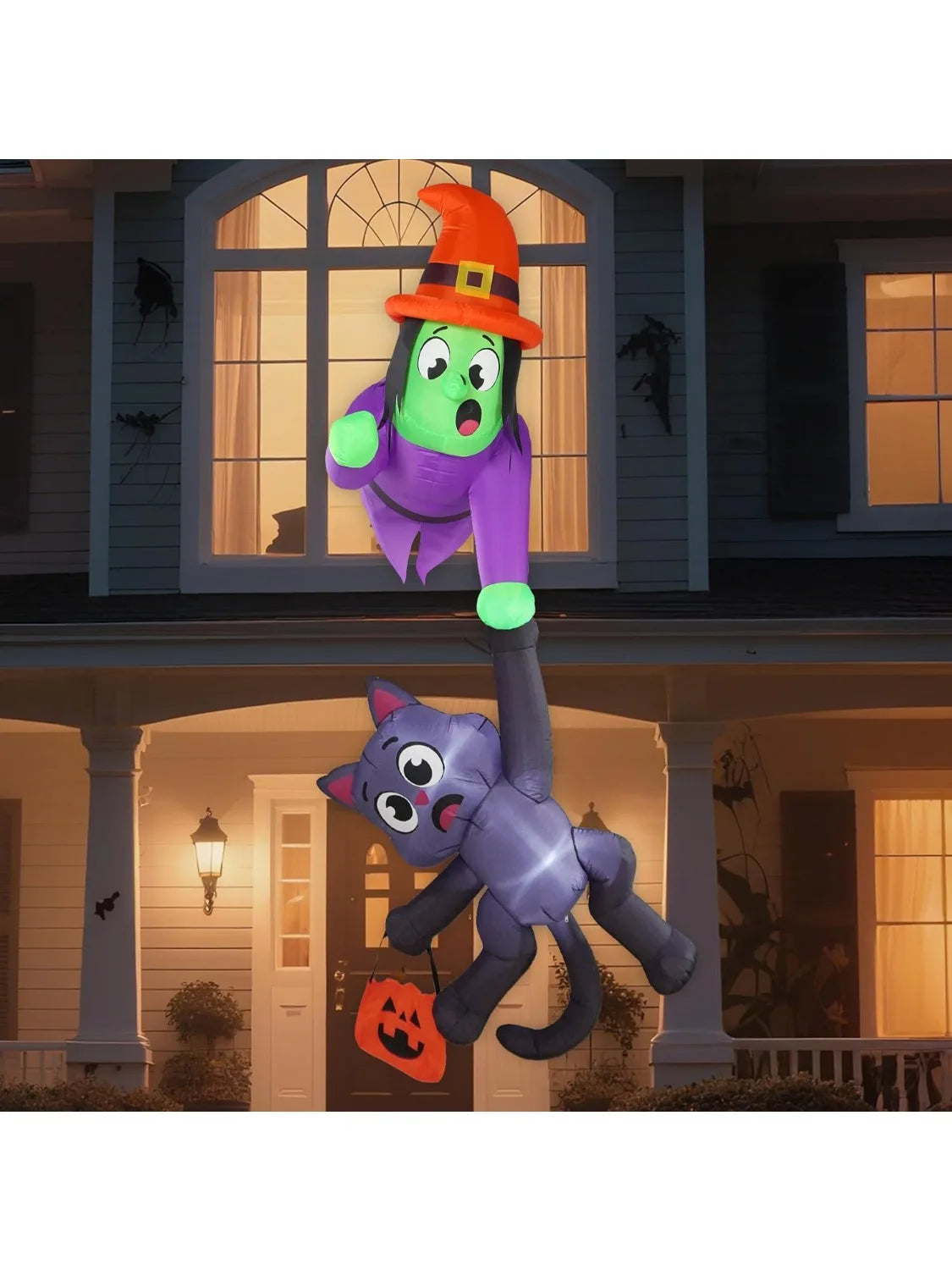 8 Ft Tall Witch and Black Cat Halloween Blow Up Roof Decoration Inflatable Decoration with LED Lights Giant