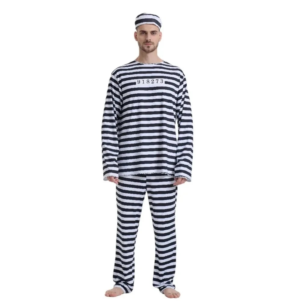 Adult Prisoner Halloween Costume Women Men Jail Costume Jumpsuit Convict Jailbird Outfit Shirt Pants - product image 1