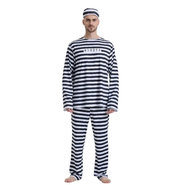 Prisoner Jail Convict Jailbird Shirt Pants Unisex Jumpsuit Halloween Costume