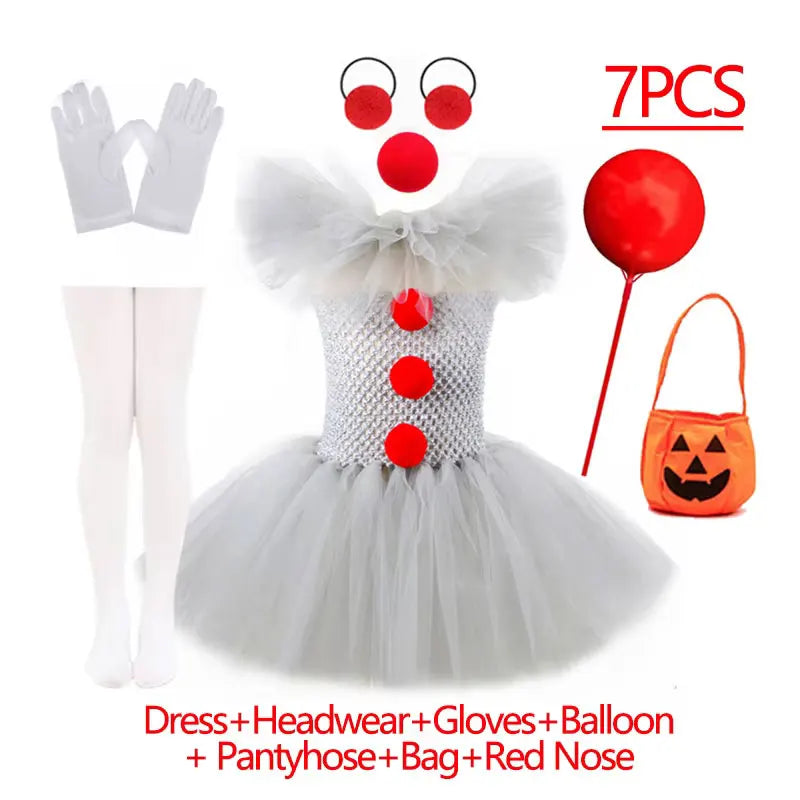 Girls Gray Creepy Clown Costume Handmade Mesh Tutu Dress Kids Halloween Carnival Cosplay