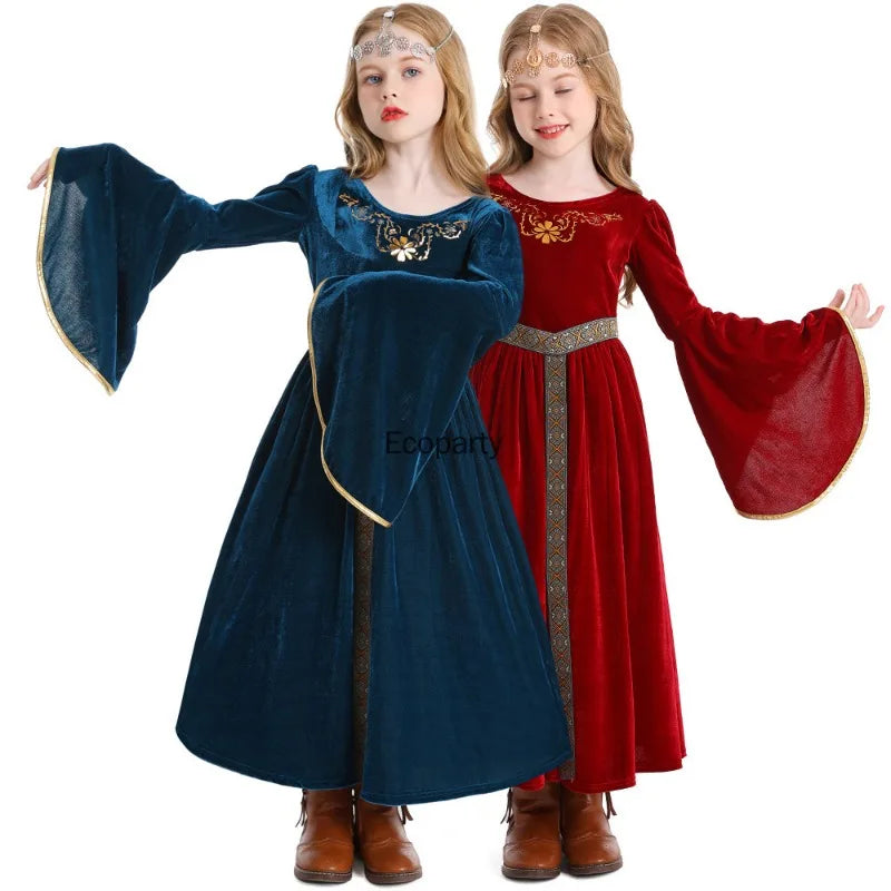 Kids' Medieval Vintage Court Ball Flared Sleeve European Full Halloween Costume - red / 59.1 in (150 cm)