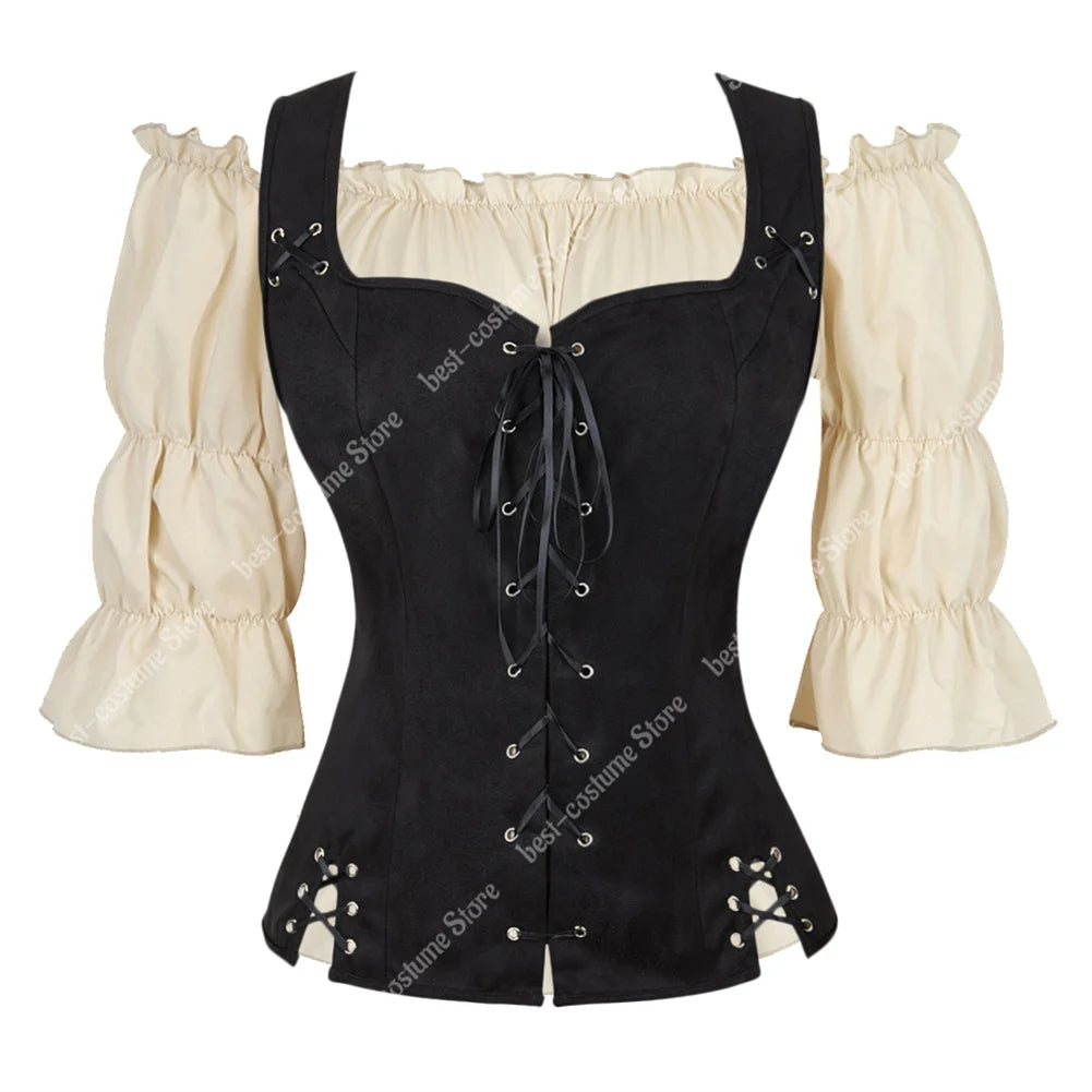 Pirate Costume Women Medieval Vest Costume Plus Size Medieval Blouse Tops 2 Pieces