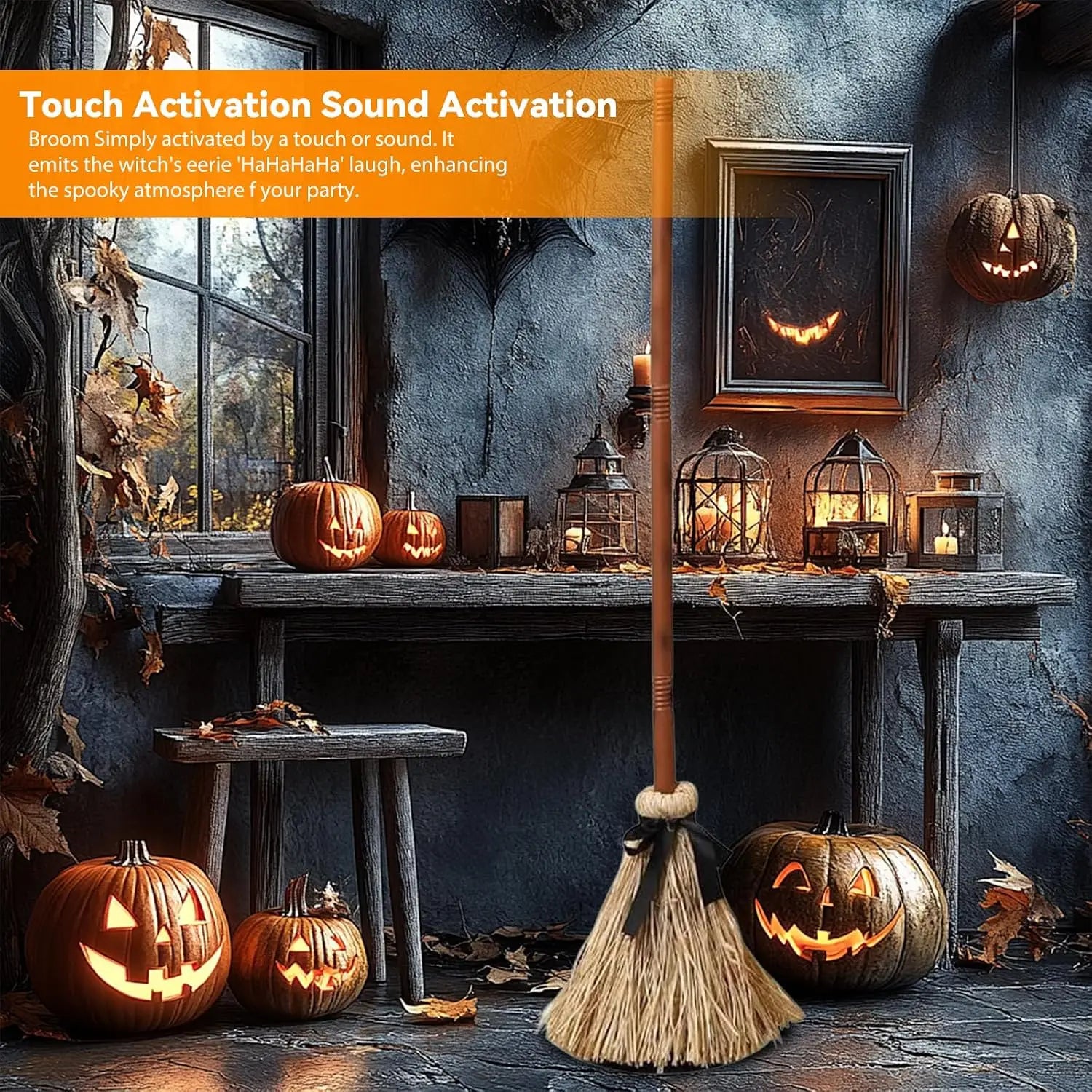 Halloween Floating Witch Broom with Witch Hat Haunted Dancing Moving Prop - product image 3
