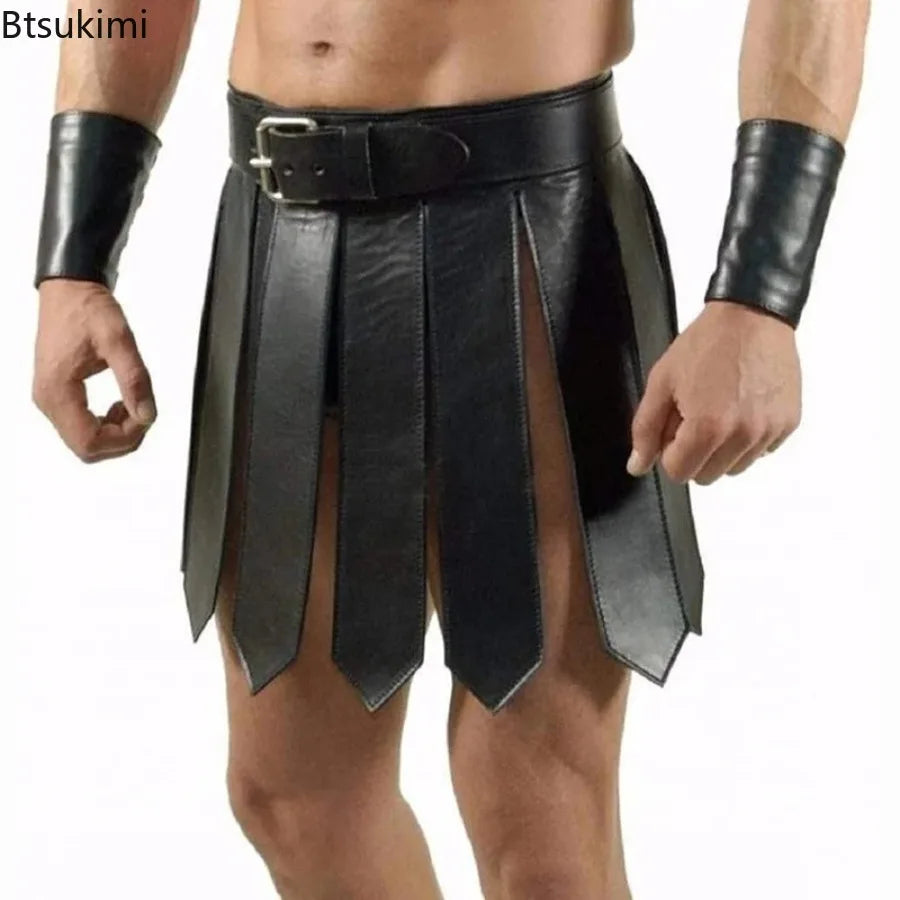 Men's Medieval Renaissance Roman PU Skirt Warrior Gladiator Knight Halloween Costume - Brown / One Size