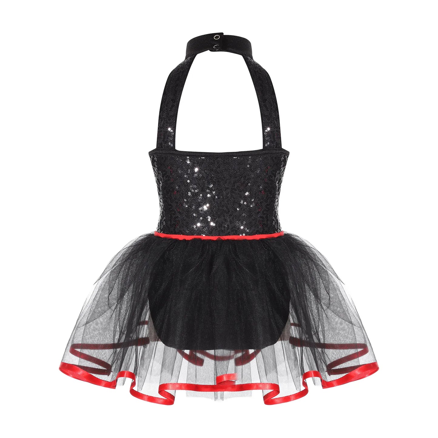 Girls Clown Costume Halloween Jester Circus Halter Neck Checkerboard Sequins Tutu Dress - Black / 4