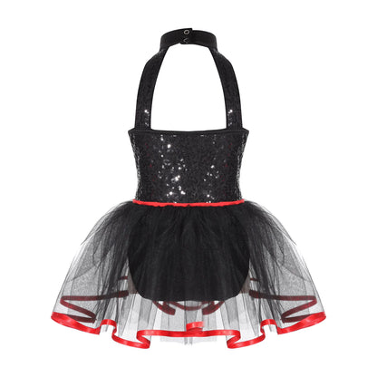 Girls Clown Costume Halloween Jester Circus Halter Neck Checkerboard Sequins Tutu Dress - Black / 4
