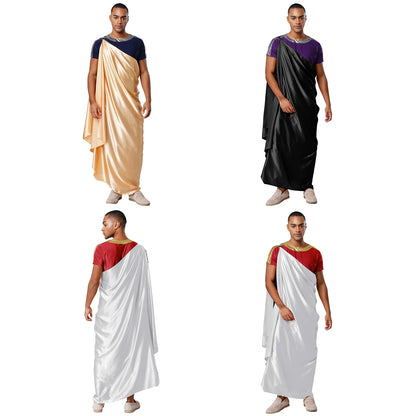 Men Halloween Ancient Greek God Hades Costume Short Sleeve Robe with One Shoulder Satin - Black Purple / L