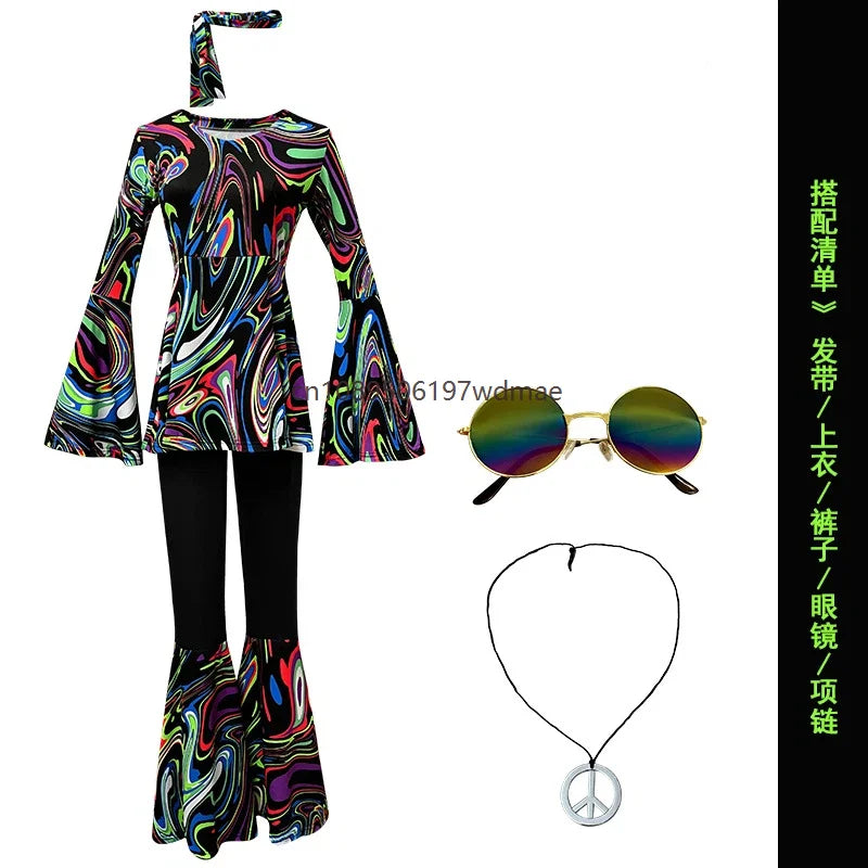 Women's Disco Multi-color Print Costume Hippie Cosplay Performance Clothes with Headband Set Female Dance - product image 7
