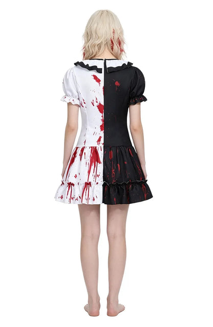 Halloween Clown Costume Women Adult Blood Stained Dress Masquerade Party Horror Bloody Clown Cos Short Skirt Performance Costume