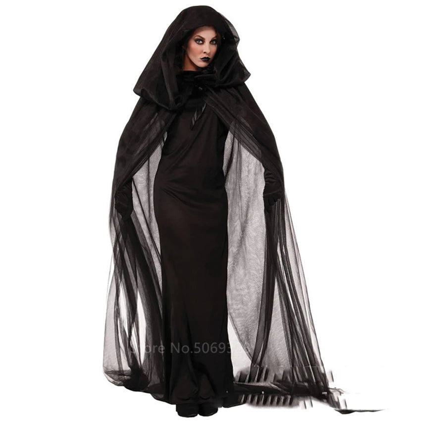 Witch Women Scary Zombie Vampire Halloween Costume Horror Spooky Ghost Sexy Dress+Colak Medieval Hooded Cape Day Of The Dead