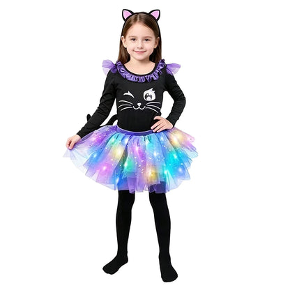 Girls Halloween Costume Sleeve Bodysuit with Mesh Ruffled Layered Tutu Skirt Headwear Faux - Yellow / L