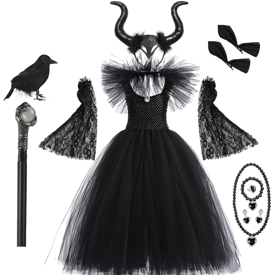 Kids' Horned Dark Fairy Queen Evil Witch Black Tulle Fantasy Costume