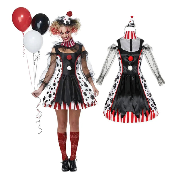 Halloween Women Terrible Evil Circus Clown Costume Broken Doll Dress
