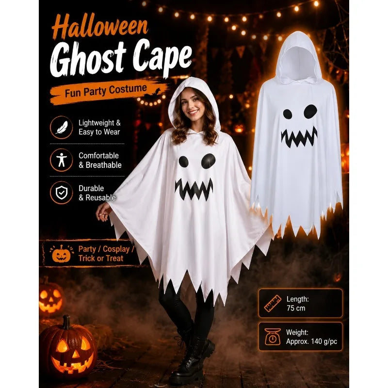 White Ghost Halloween Poncho – Hooded Scary-Face Costume Cape