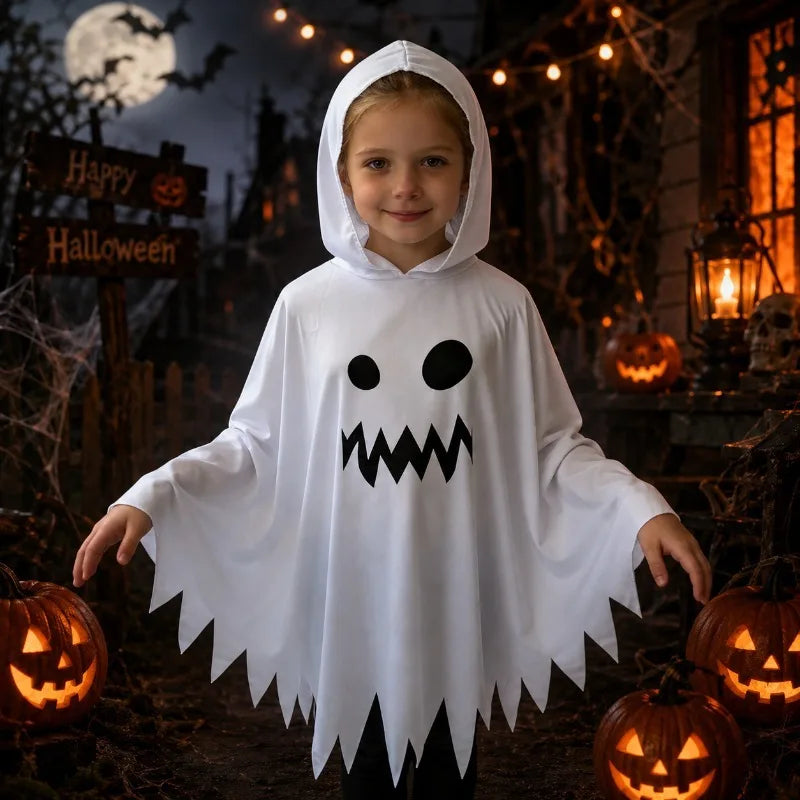 White Ghost Halloween Poncho – Hooded Scary-Face Costume Cape