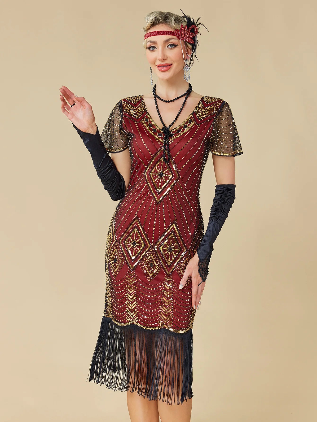 Roaring 20s Retro Beaded Tassel Flapper Dress Mid Length Sequined Mesh Sleeve Formal Dress For Wedding Banquet Costume