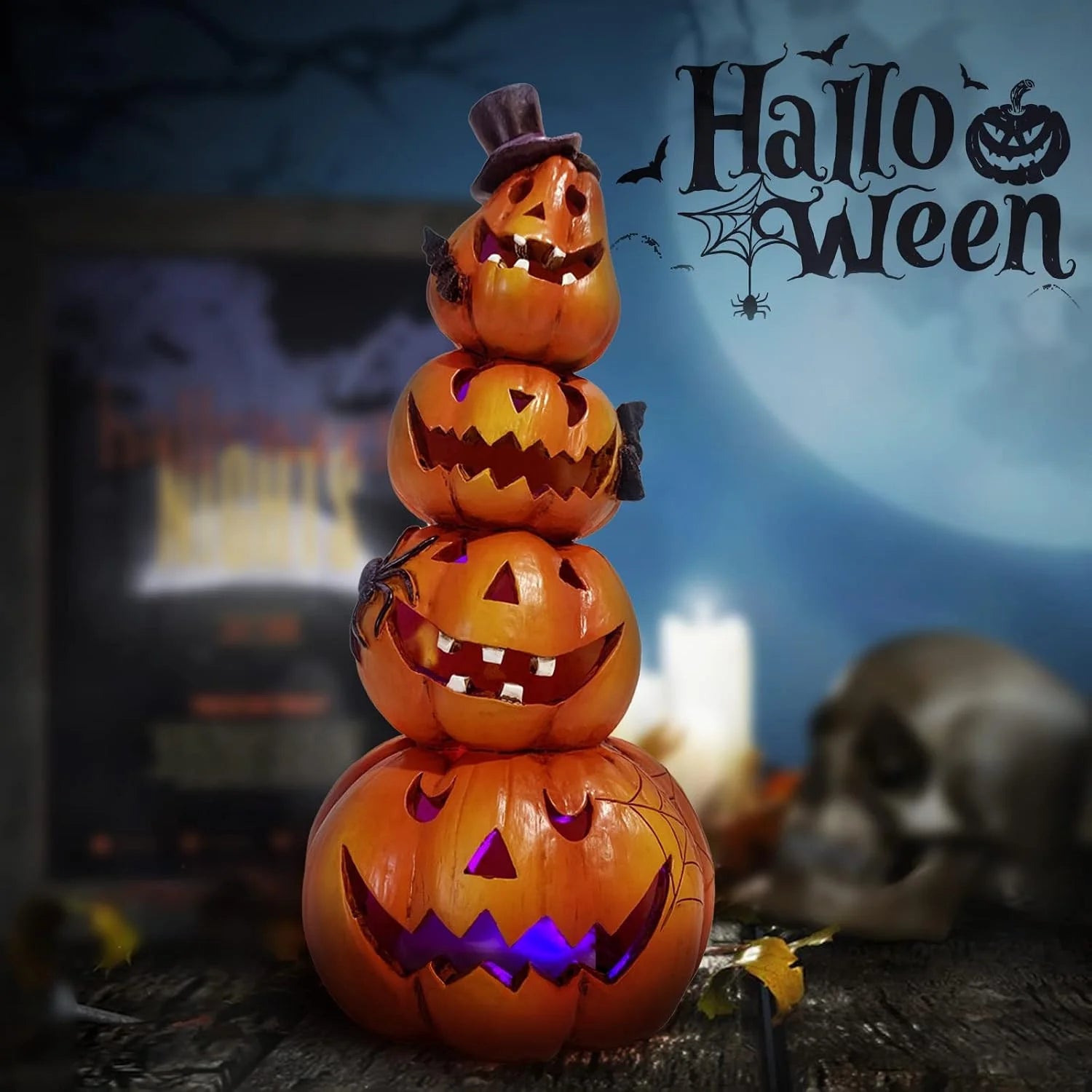 Hodao Resin Halloween Light-Up Stacked Pumpkin Figurine, 4-Tier Jack-O-Lantern Tower with Black Top Hat
