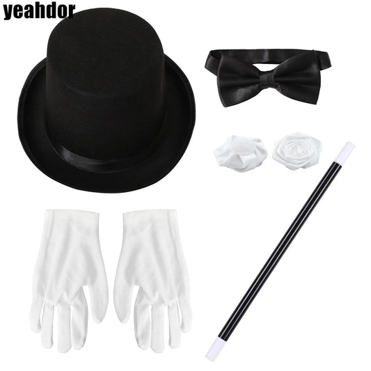 Magician Accessories Bowler Hat Satin Bow Tie Ribbon Roses And Magic Wand Gloves