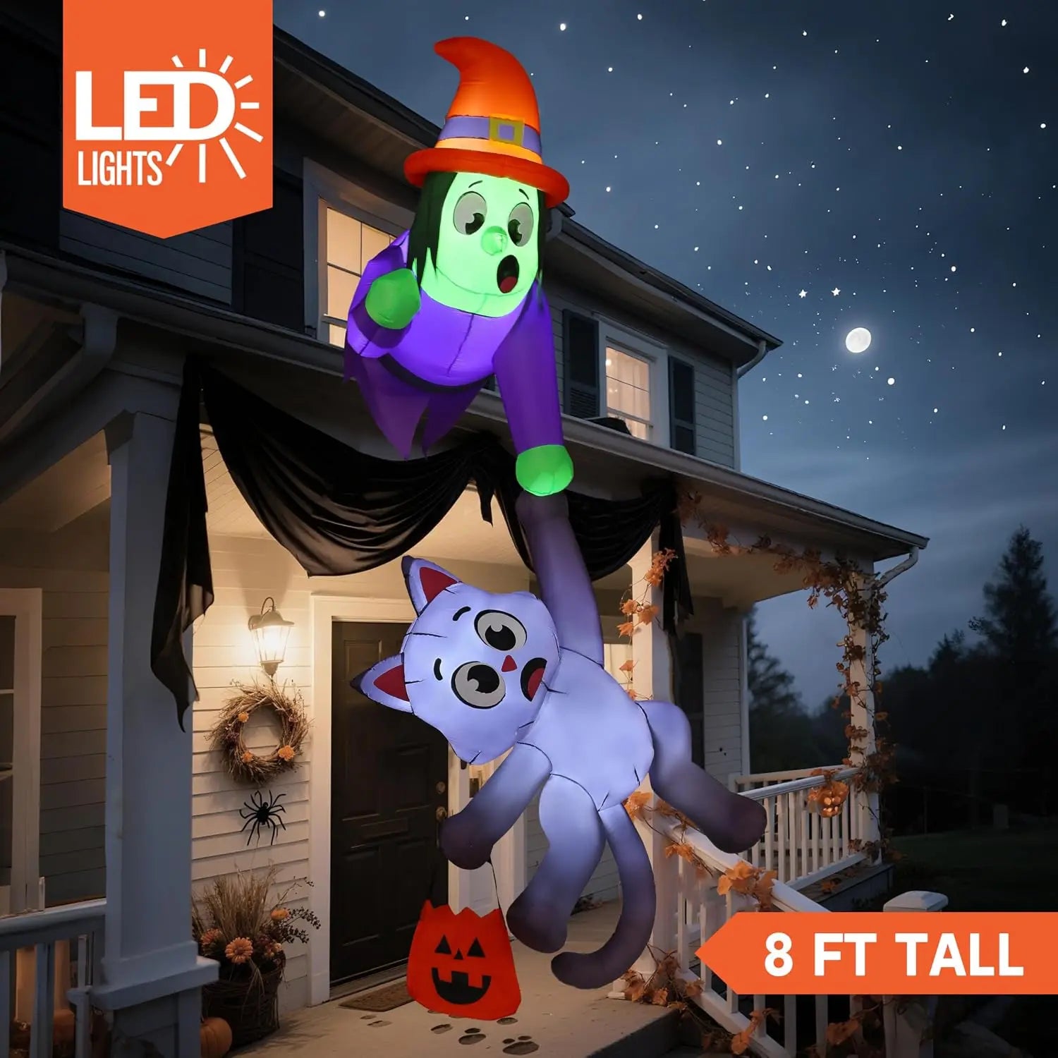 8 Ft Tall Witch and Black Cat Halloween Blow Up Roof Decoration Inflatable Decoration with LED Lights Giant