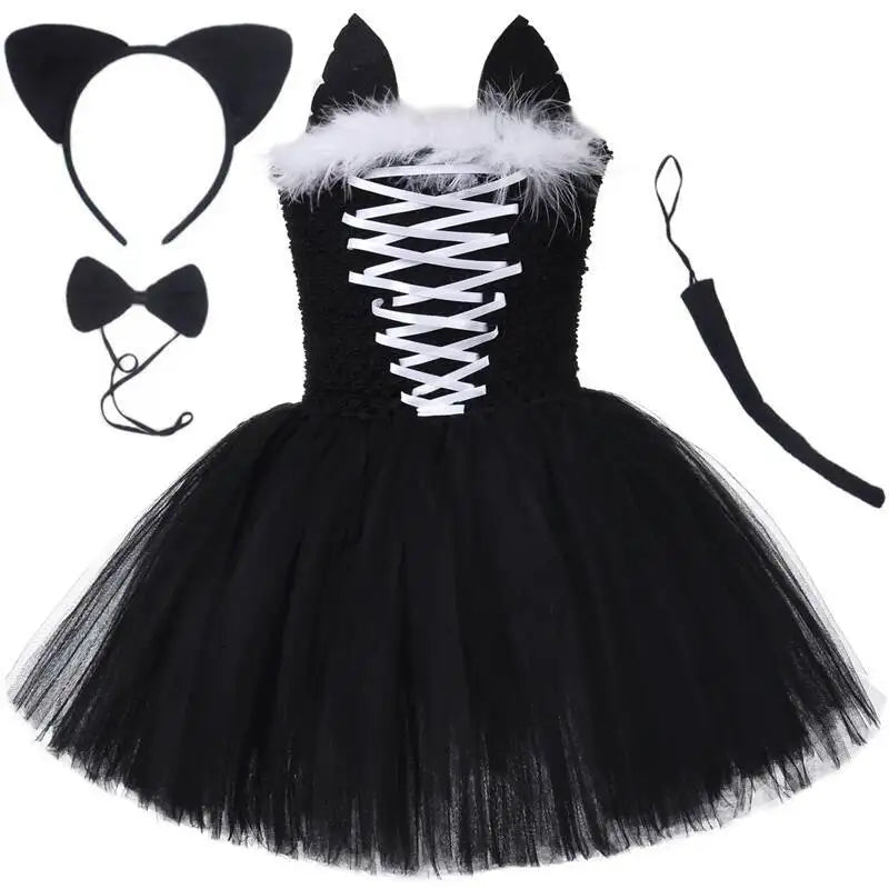 Girls Black Cat Halloween Dress Costume