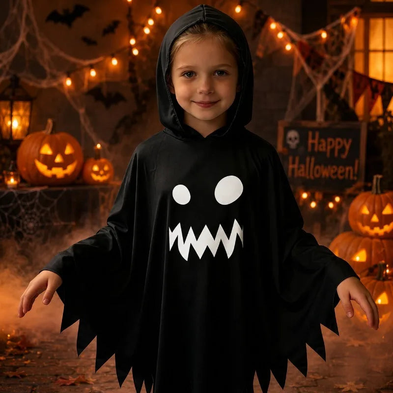 White Ghost Halloween Poncho – Hooded Scary-Face Costume Cape