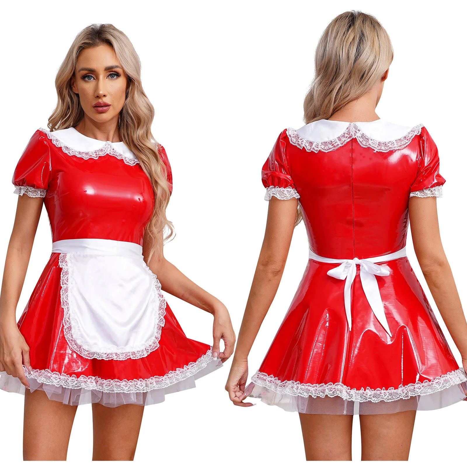 Women's Servants Maid Puff Sleeve Lace Patent Leather Apron Nightwear Costume - alternate view 7