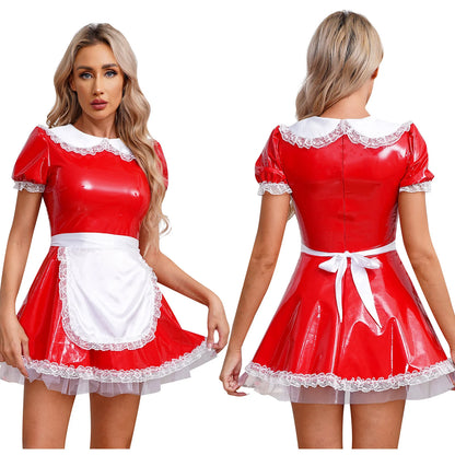 Women's Servants Maid Puff Sleeve Lace Patent Leather Apron Nightwear Costume - alternate view 7
