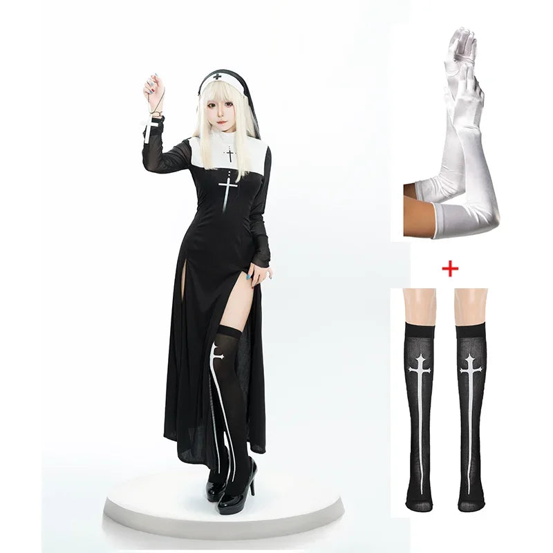 Halloween Anime Costume Sexy Nun Dress Women Fancy Gothic Robe Black Uniform Adult Themed - suit C / S