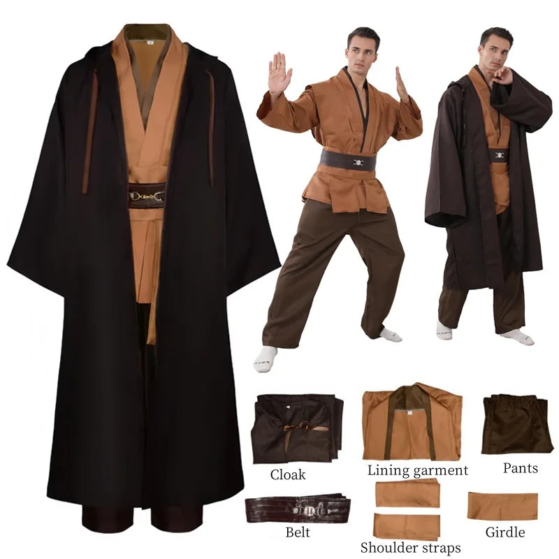 Men's Halloween Jedi Knight Costume Robe Adult Male Tunic Costume Hooded Uniform Full Set - Costume Set / XXL