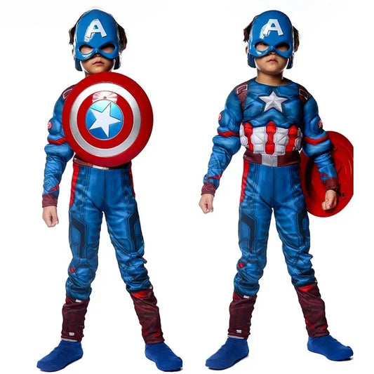 Kids' Boys Captain Rogers Blue Superhero Muscle America Jumpsuit - Discount Halloween City