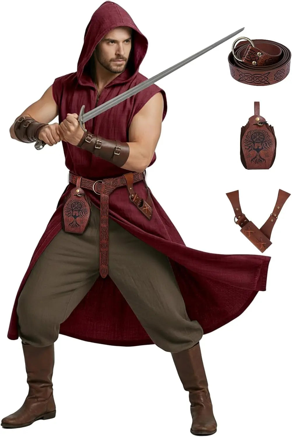 Men's Medieval Renaissance 4PC Viking Hooded Sleeveless Surcoat Apparel Costume - alternate view 7