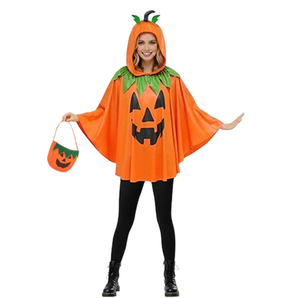 Adults Horn Hooded Pumpkin Cape Cloak with Trick or Treat Candy Bag Costume