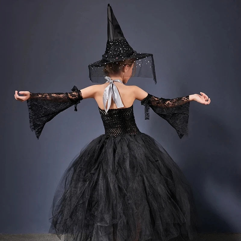 Girls Gothic Halloween Ghost Witch Costume Trumpet Sleeve Children's Robe Ballet Tutu Dress - product image 3