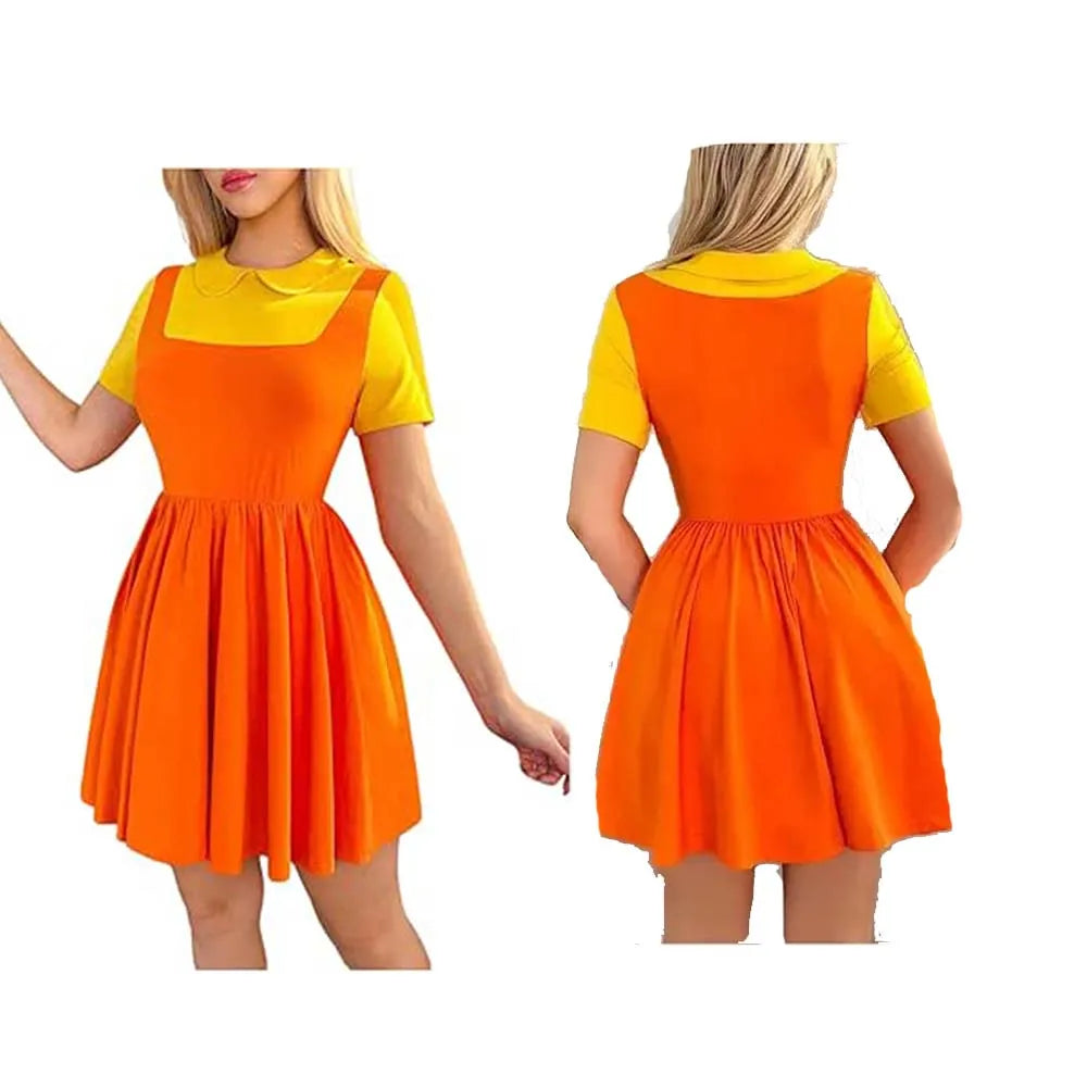 Kids' Movie Korean Game Two Tone Crew Neck Mini Short Sleeve Ruffle A Line Halloween - Orange / Adults M