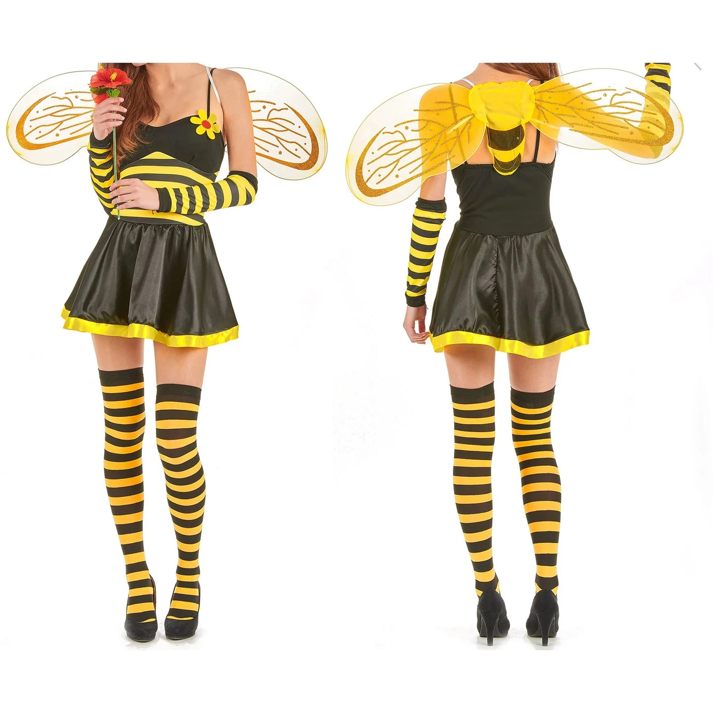 Women's Bumble Bee Halloween Costume Set – Skirt, Wings, Stockings & Headband