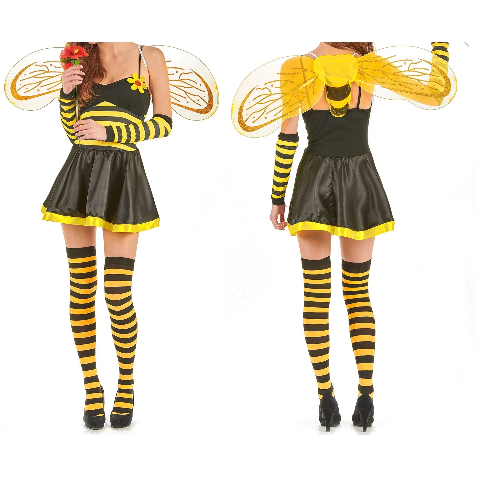 Women's Bumble Bee Halloween Costume Set – Skirt Wings Stockings & Headband