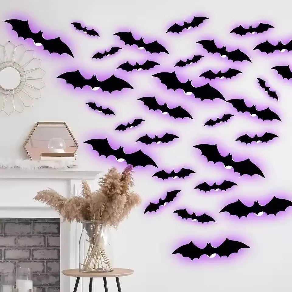 Halloween 3D Stereoscopic Bat LED Night Light PET Wall Decal Home FestivalParty