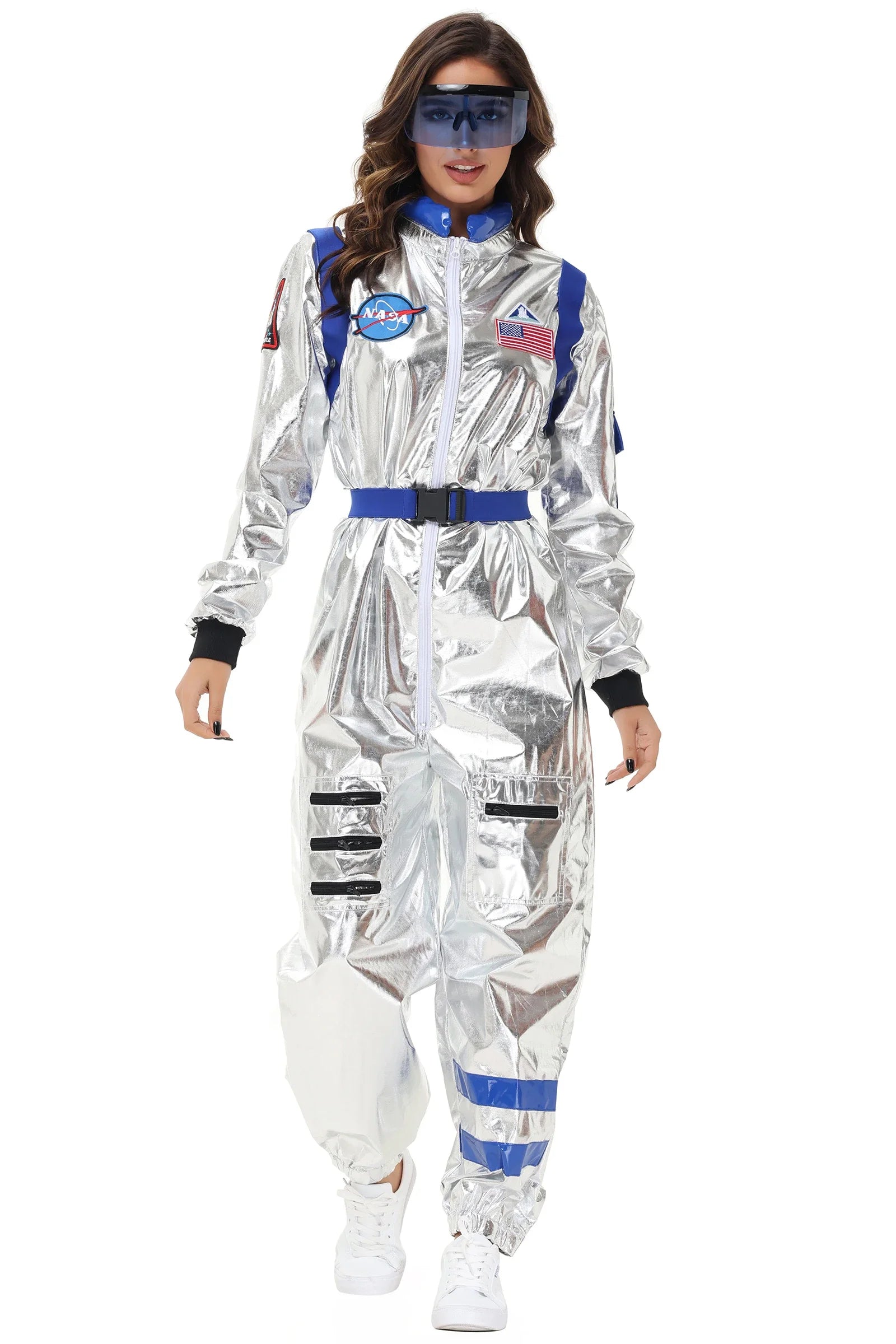 Halloween Silver Spaceman Men Women Space Suit Adult Kids Astronaut Costume Family Dress - B-Men (With Glasses) / M