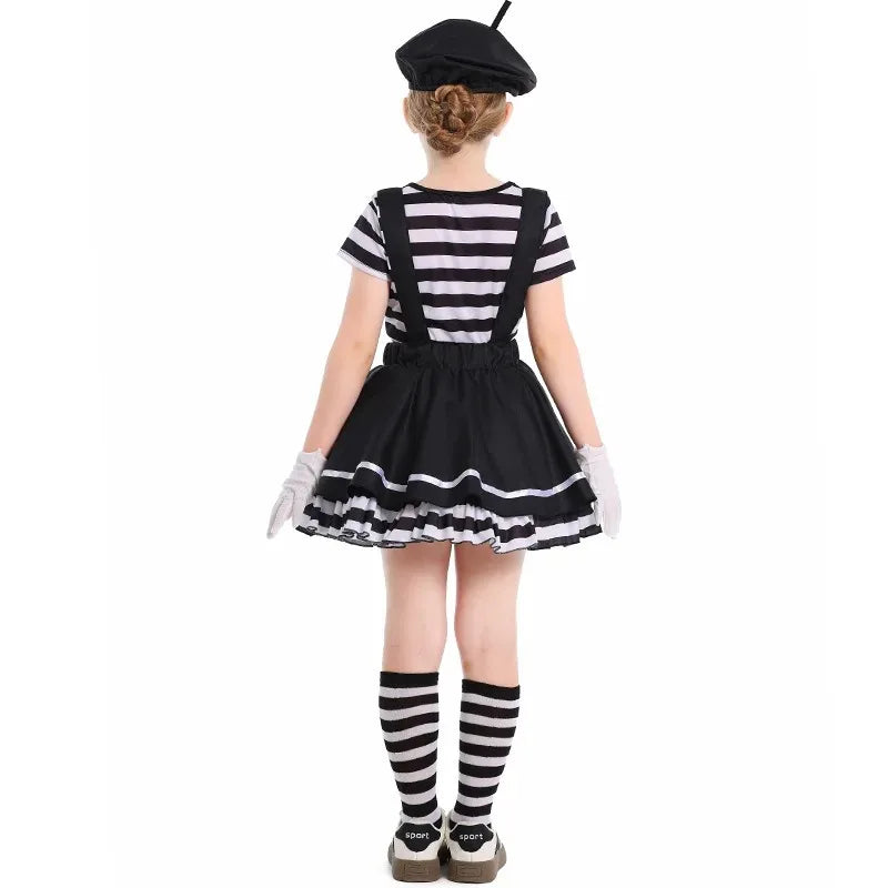 Mime Costume Clown Costume Girls Skirt T-shirt Hat Gloves Halloween Suit ﻿ - Hat Top Skirt gloves / XS