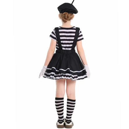Mime Costume Clown Costume Girls Skirt T-shirt Hat Gloves Halloween Suit ﻿ - Hat Top Skirt gloves / XS