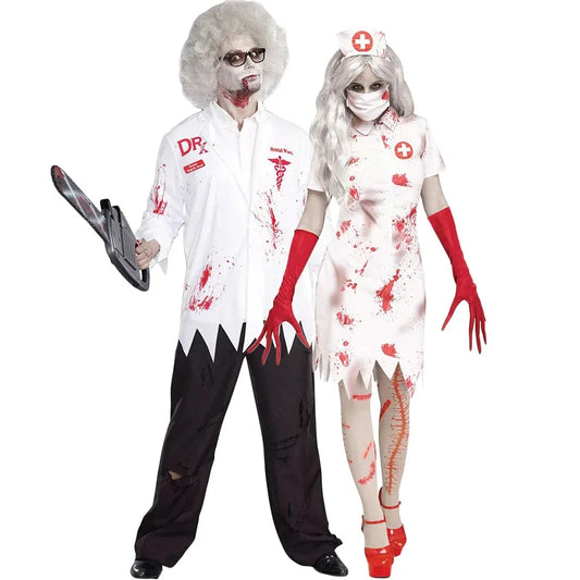 Halloween Horror Vampire Costumes Bloody Nurse Zombies Dress Costume Sexy Sleeve Pack Hip - WHITE / M