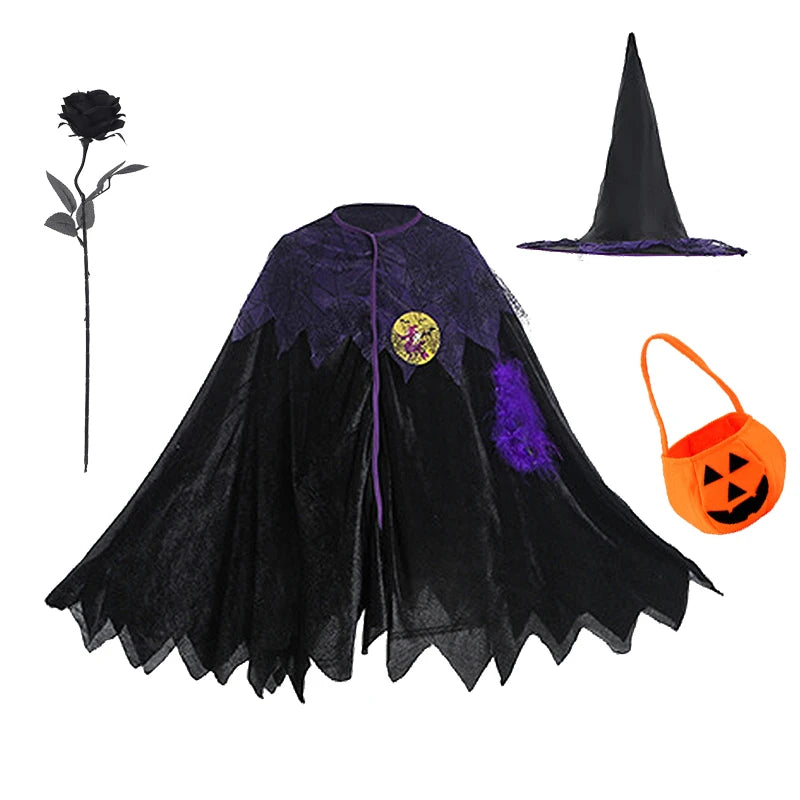 Kids Witch Halloween Costume Witch Cosplay Dress and Magic Hat Set Clothes for Girls Gothic Vampire Costume - product image 8