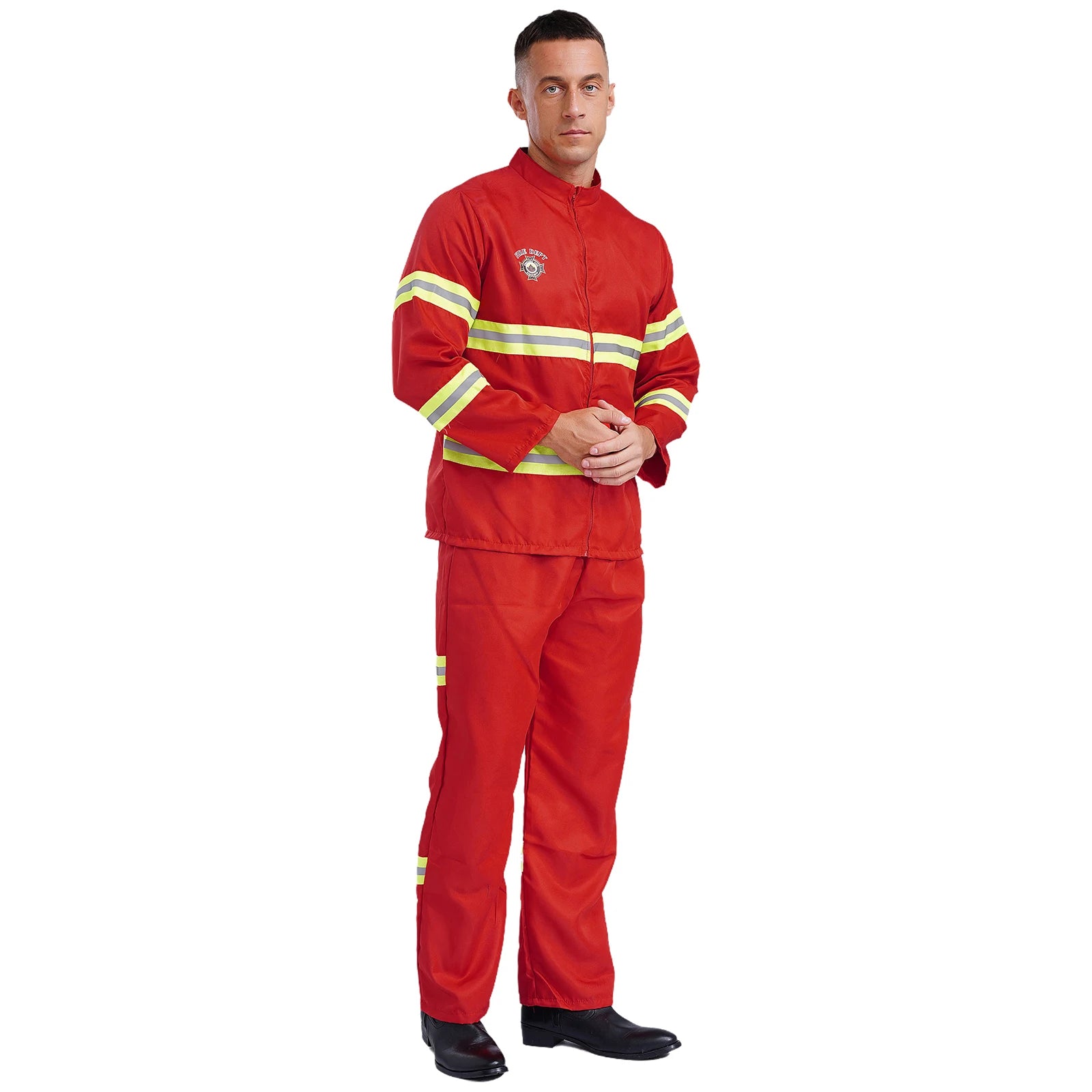 Adults Men's Firefighter Costume Halloween Set Cosplay Fire Captain Work Uniform Outfit - Red / 190
