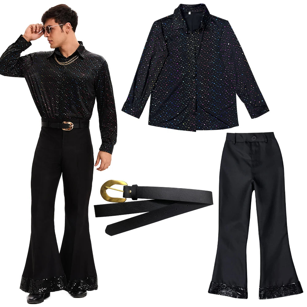 Men's 70s 80s Retro Disco Hippie Costume Polyester Bell Bottom Pants Top Set Halloween Holiday Party Cosplay - product image 8