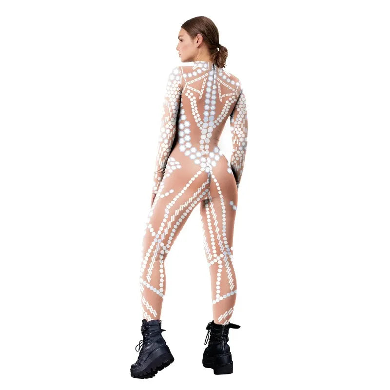 Halloween Costume Shiny Sexy Lace Sequins Pattern 3D Printed Slim Bodysuit Theme Jumpsuit for Women