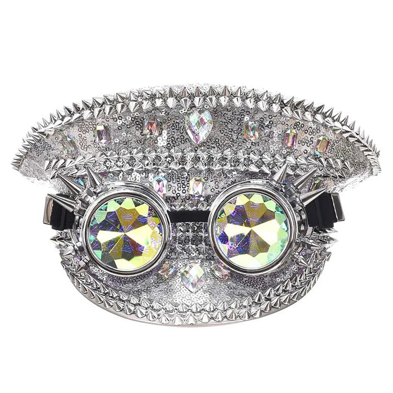 Halloween Costume Steampunk Hat with Goggles Vintage Men Black Sequined & Rivets Gothic - View 9