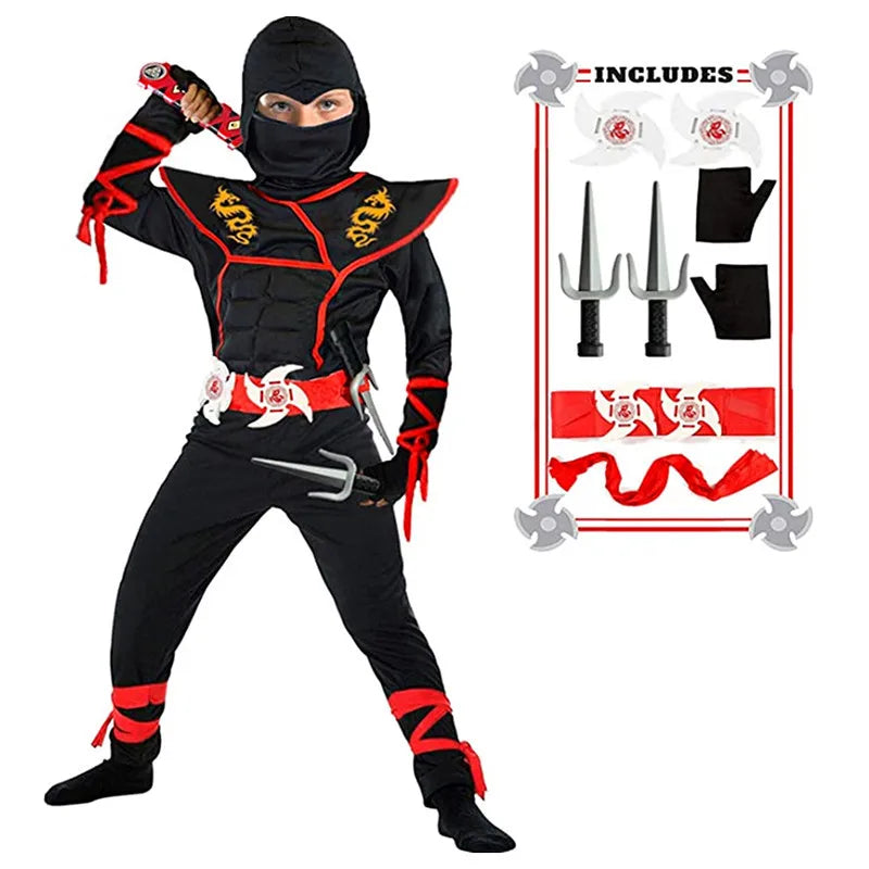 Black Ninja Costume Boy Halloween Japanese Samurai Costume Kid Anime Muscle Costume With
