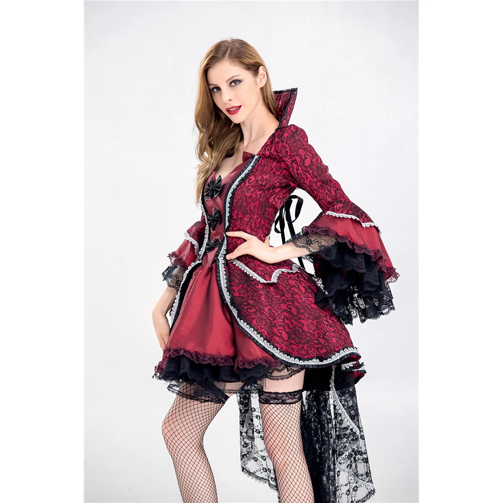 Halloween Costume Vampire Poncho Dress Queen Witch Lace Dress Performance Garment Suit - red / S